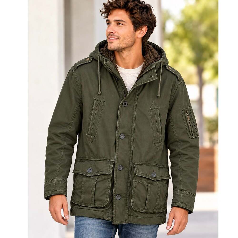 Old Navy Men's Green Gray Military Utility Hooded Sherpa Lined Parka Jacket M